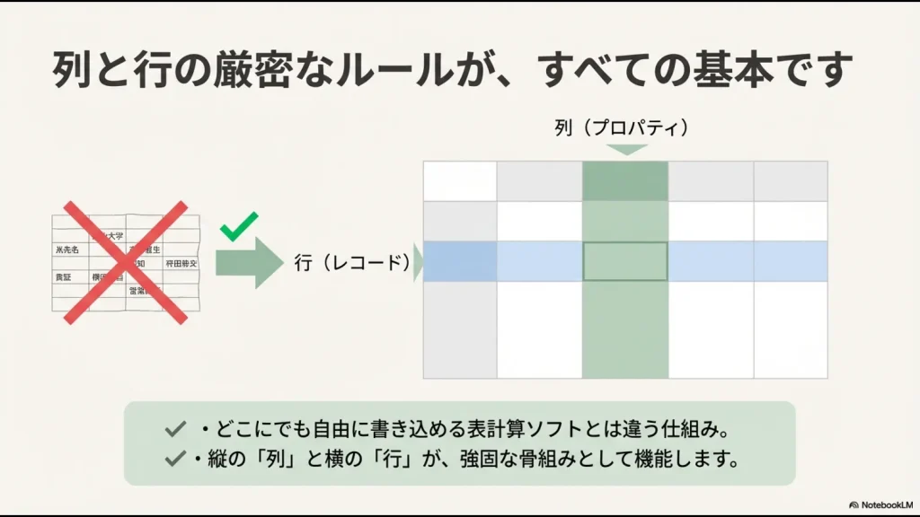 エクセルの自由な表とNotionの厳密な列（プロパティ）・行（レコード）構造を比較した図解