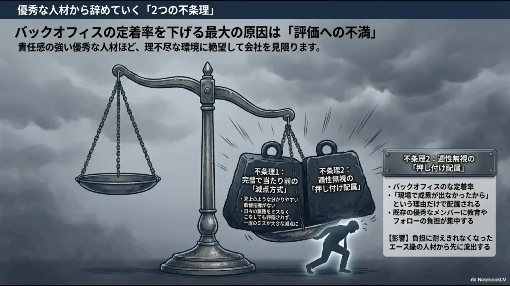 完璧で当たり前の減点方式評価と、適性を無視した押し付け配属という、バックオフィスの定着率を下げる2つの要因