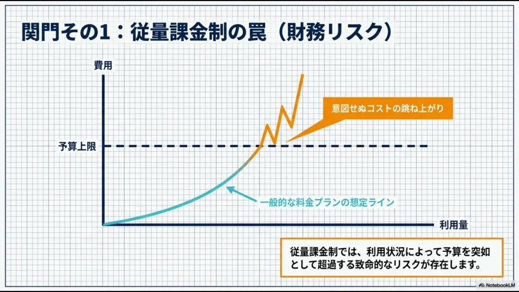 利用量に伴い予算上限を突如超過するリスクを示す、従量課金制のグラフ