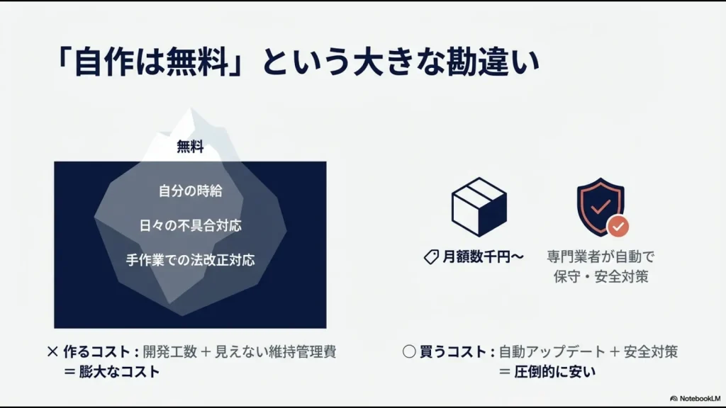 自作エクセルの見えない維持管理費とSaaS導入のコストメリット比較図