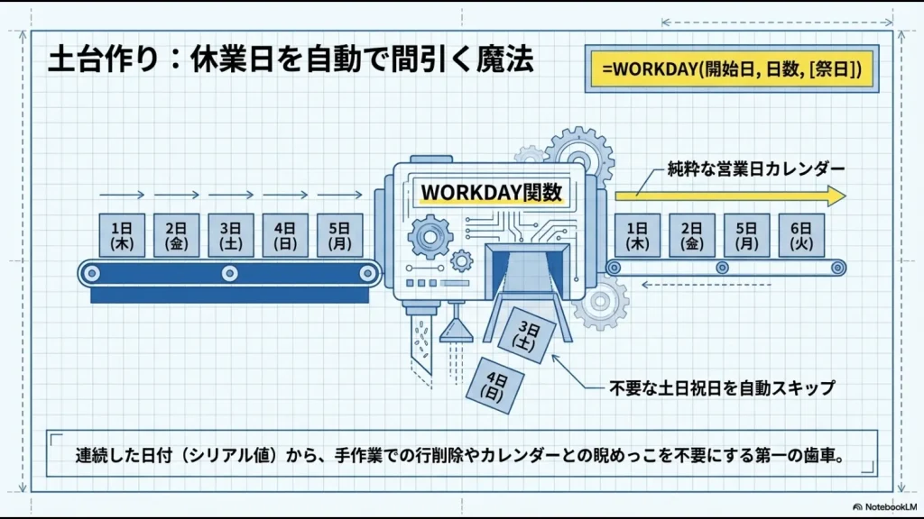WORKDAY関数を使用してシリアル値から土日祝日を自動的に除外する仕組みの解説図
