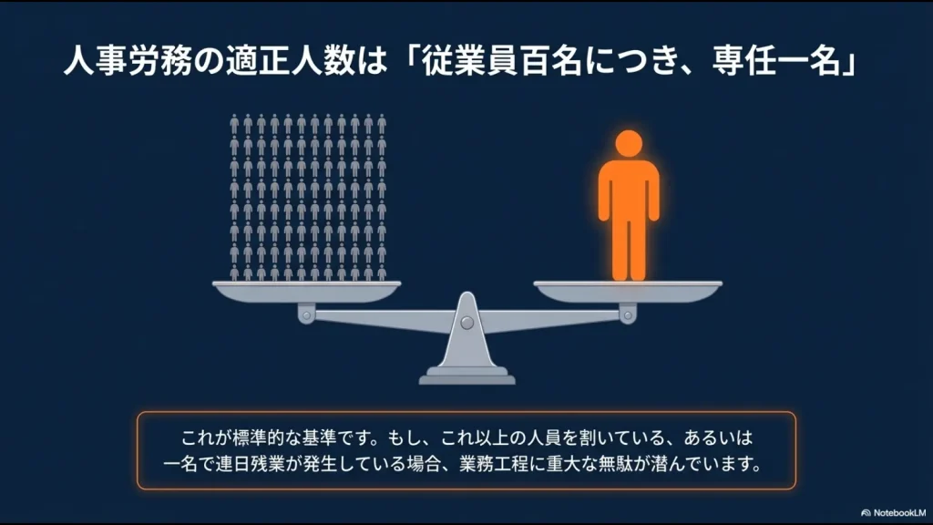 人事労務の適正人数は従業員100名につき専任1名が標準だが、これ以上なら無駄が潜んでいることを示すスライド