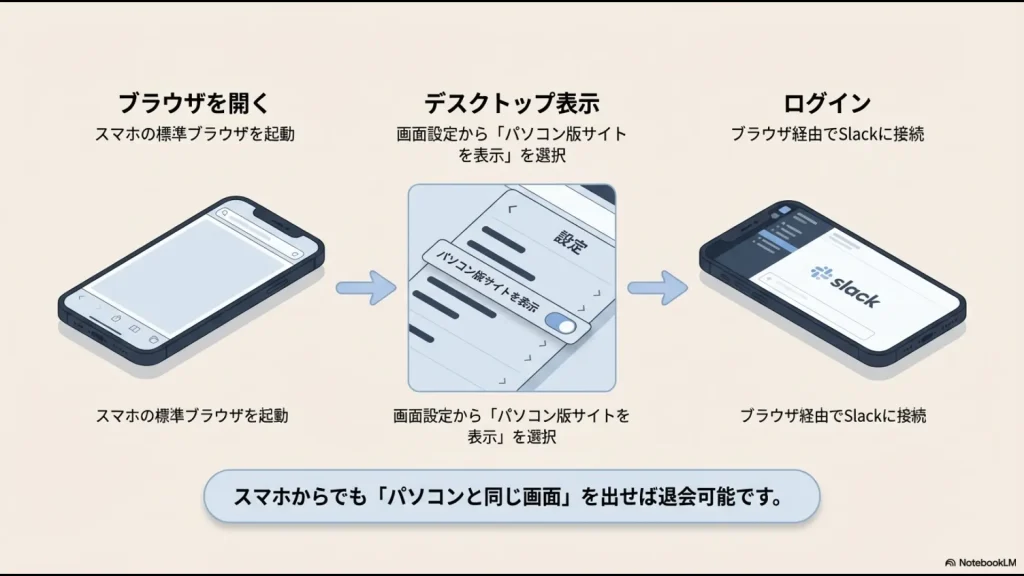 スマホの標準ブラウザを起動し、「パソコン版サイトを表示」を選択してSlackにログインする手順の解説図