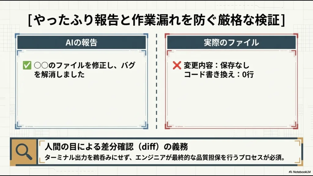 AIのバグ解消報告と、実際のファイル変更がゼロであるという乖離を示し、人間の目によるdiff確認を推奨する比較表