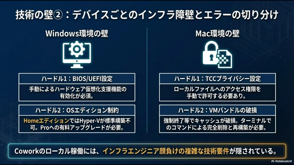 WindowsのHyper-VやOSエディションの制約と、Macの権限設定やキャッシュ破損エラーの対応策をまとめた比較表