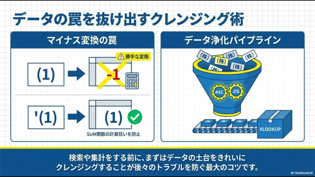 マイナス変換を防ぐ「'」の使い方と、ASC・JIS関数を使ってVLOOKUPの検索エラーを防ぐデータ浄化の図解。