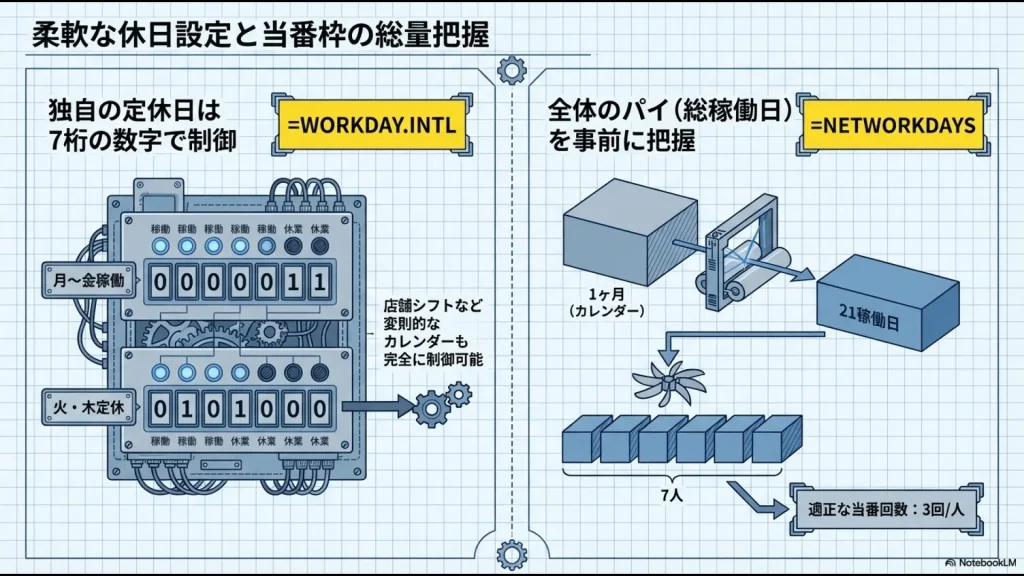 7桁の数字で休日を制御するWORKDAY.INTL関数と総稼働日数を算出するNETWORKDAYS関数の仕組み