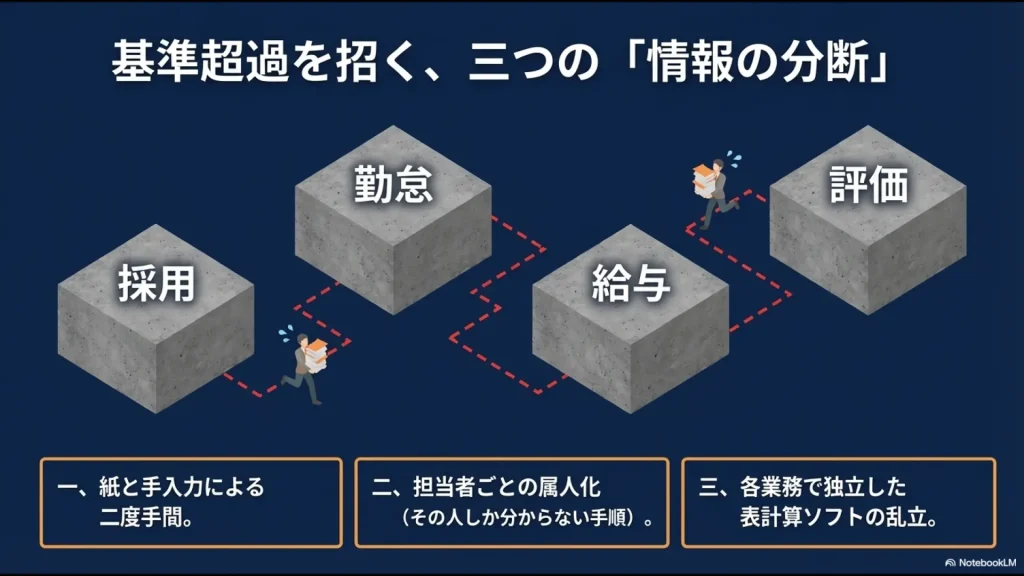 紙と手入力、属人化、各業務で独立した表計算ソフトの乱立が情報の分断を招き、業務効率を下げていることを示す図