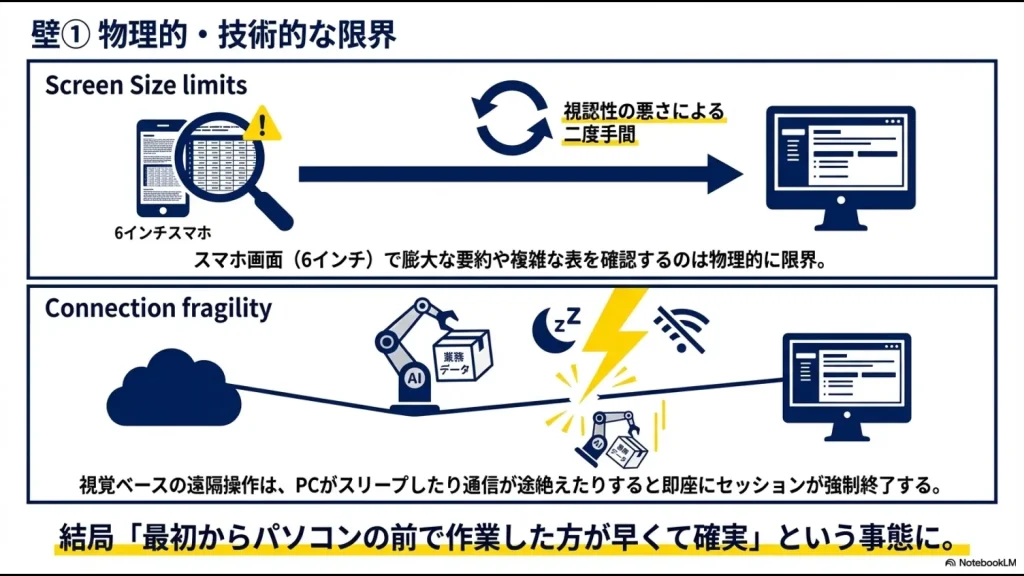 6インチスマホの画面サイズによる視認性の限界と、PCスリープ等による通信途絶のリスクを説明する図解。