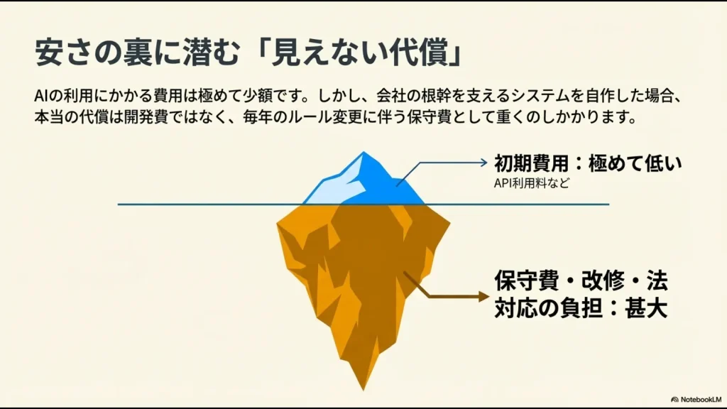 API利用料などの初期費用は低いが、法改正対応などの保守・改修負担が甚大になることを示す図