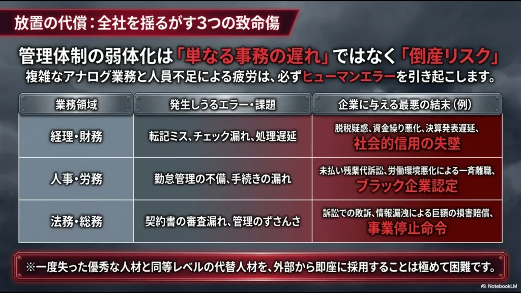経理・人事・法務の各領域で発生しうるエラーと、脱税疑惑や訴訟、事業停止などの最悪の結末をまとめた表