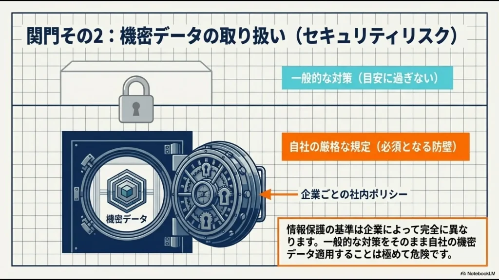 企業ごとの社内ポリシーを強固な金庫に見立て、一般的な対策では不十分であることを示すイラスト