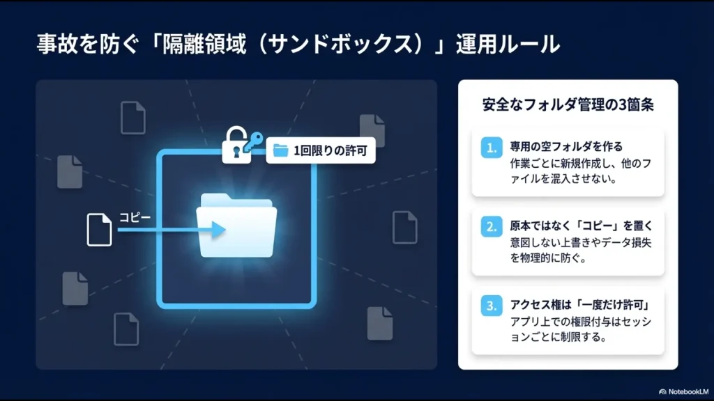 安全なフォルダ管理の3箇条（専用フォルダ、コピーの使用、一度限りの許可）を、フォルダと鍵のイラストで説明したスライド