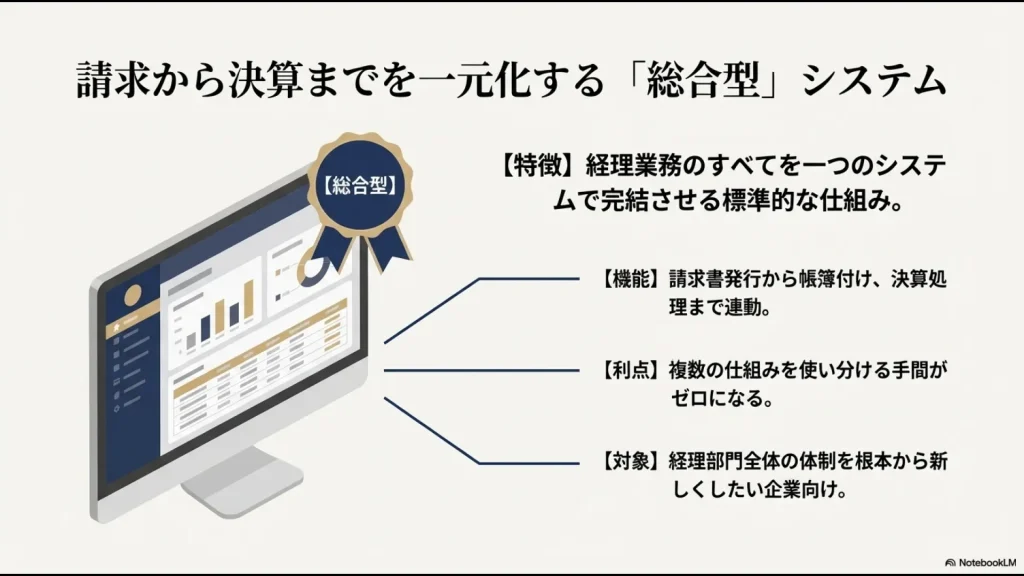 ダッシュボード画面のイラストとともに、請求から決算までを完結させる総合型システムの説明。