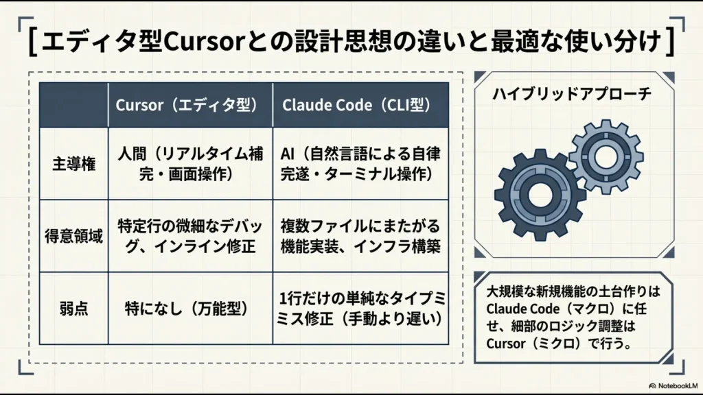 CursorとClaude Codeの主導権、得意領域、弱点を比較し、マクロとミクロの使い分けを示す表