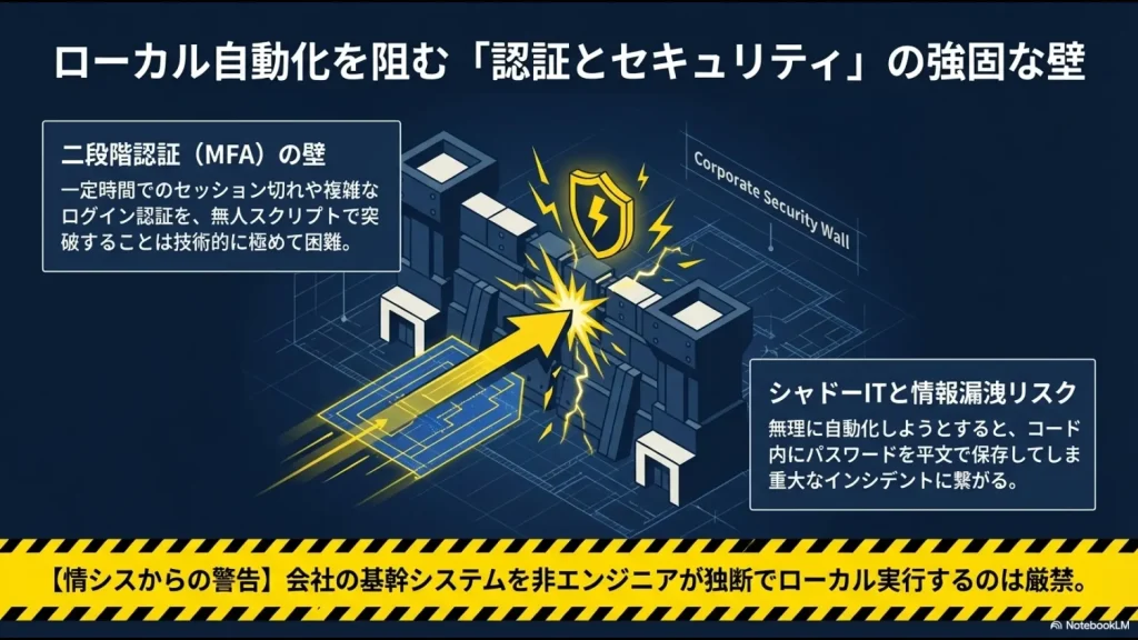 二段階認証（MFA）やセッション切れの壁、シャドーITと情報漏洩リスクを警告するセキュリティスライド。