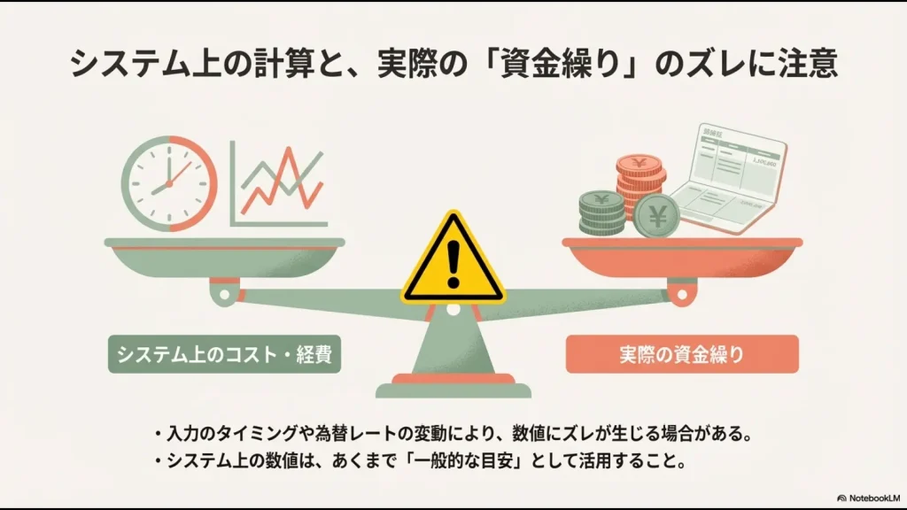システム上のコスト・経費と実際の資金繰りのズレに注意を促す天秤のイラスト