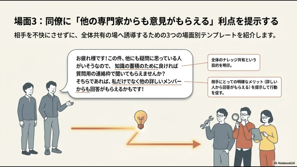 知識の蓄積と他の専門家からも回答がもらえるメリットを提示した同僚への誘導テンプレート