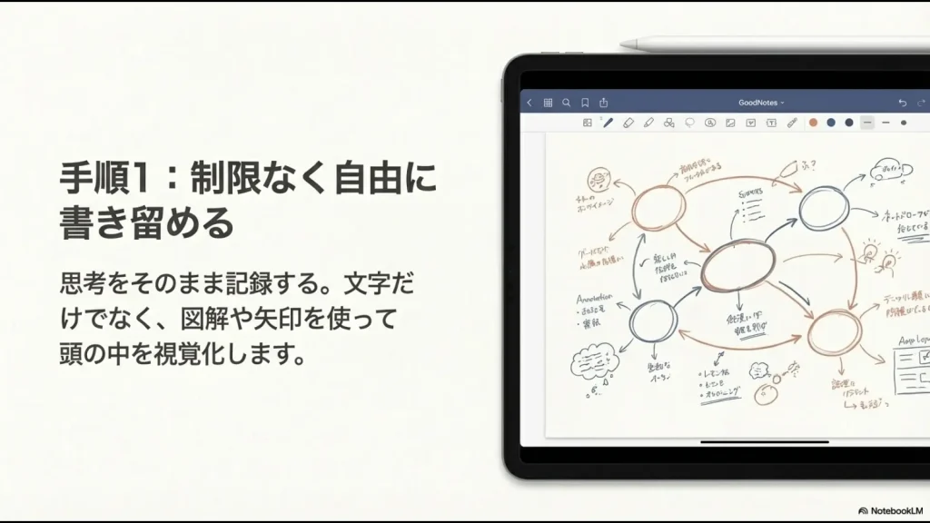 iPadからNotionへデータを「書き出し」操作で移動させるプロセスのイメージ図 。