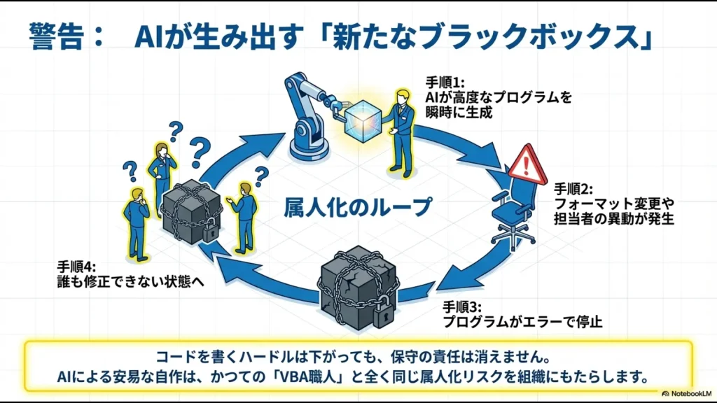 AIが生成したプログラムを誰も修正できなくなり、エラー停止時に業務が詰まるリスクを示した4つの手順。