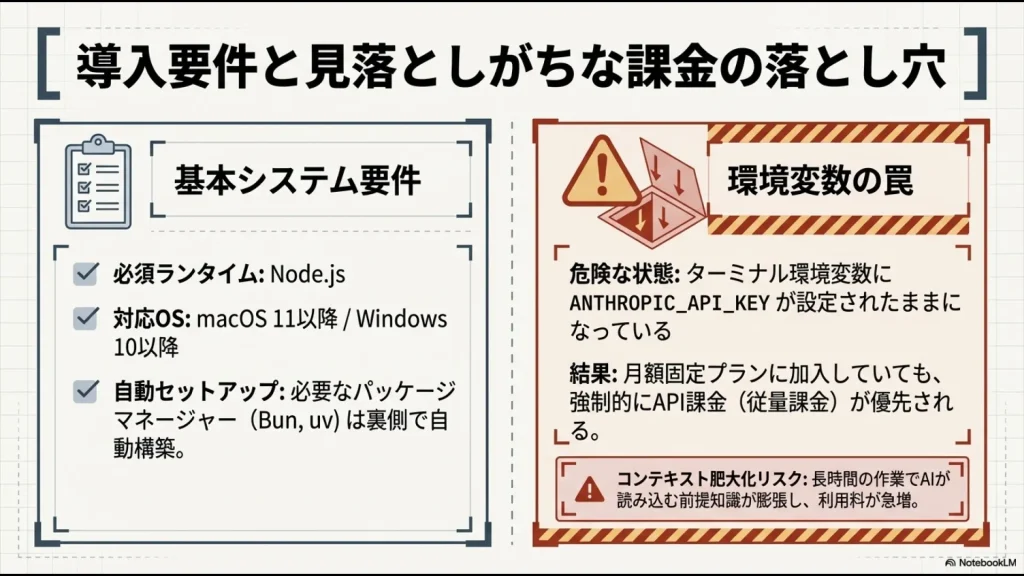 Node.jsなどのシステム要件と、ANTHROPIC_API_KEY設定による意図せぬ従量課金の発生リスクを警告する図解