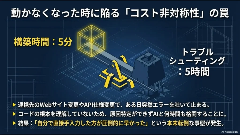 構築時間5分に対し、トラブルシューティングに5時間かかるというコスト非対称性を示すスライド。