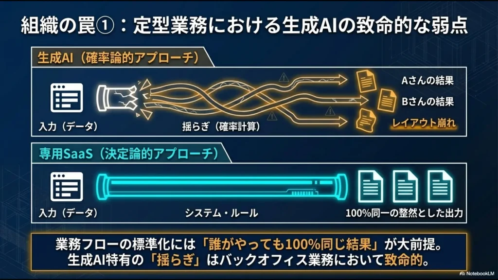 結果が揺れるAIの確率計算と、ルール通り100%同じ結果を出す専用SaaSの仕組みの違いを対比した図
