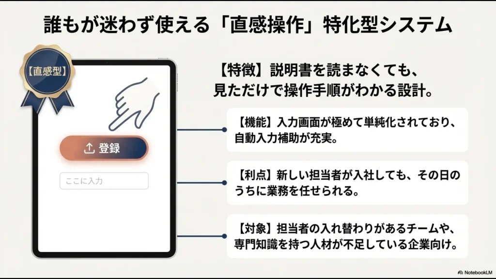 シンプルな入力画面のイラストとともに、専門知識がなくても操作できる直感型システムの説明。