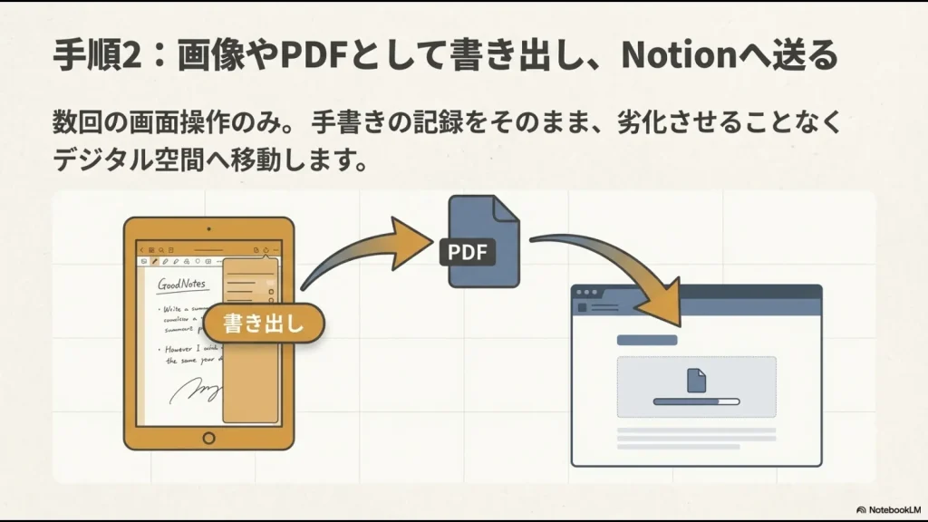 商談中の手書きメモから、会議後のNotionでのタスク管理・業務割り振りへの流れを示す図 。