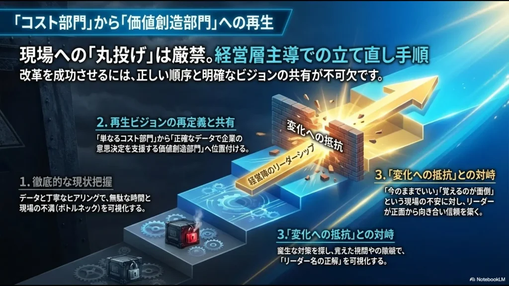 徹底的な現状把握、再生ビジョンの再定義、変化への抵抗との対峙という、改革を成功させるための正しい順序