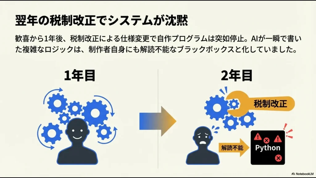 1年目は成功しても、2年目の税制改正でAIが書いた複雑なロジックが解読不能になり停止するリスク
