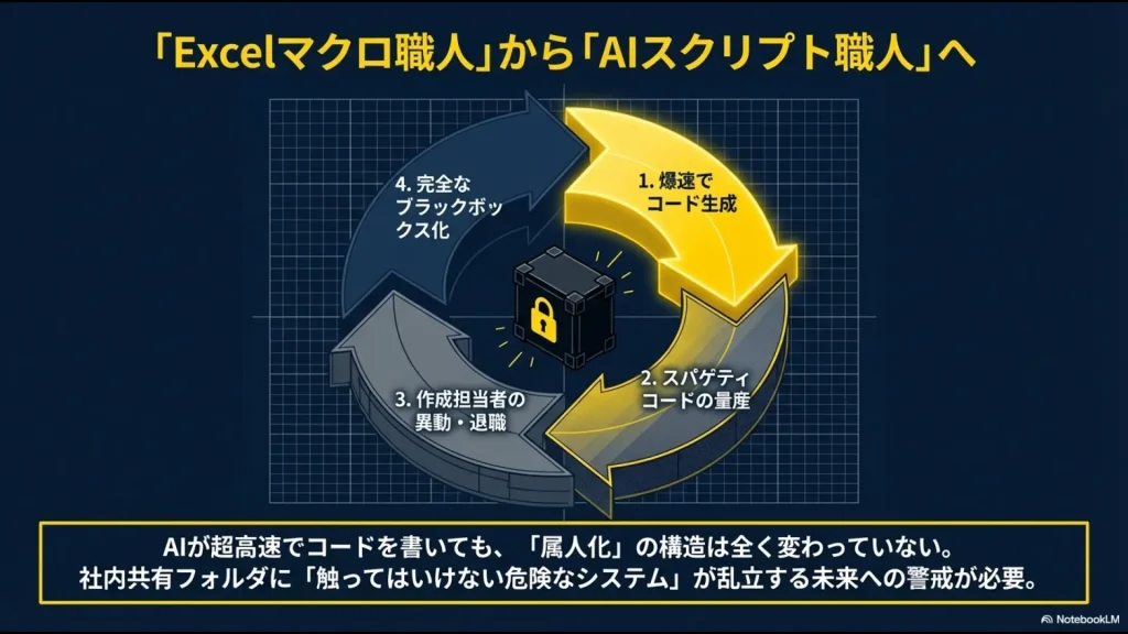 爆速のコード生成からスパゲティコードの量産、担当者の異動、そして完全なブラックボックス化へ至るリスクの循環を示す図。