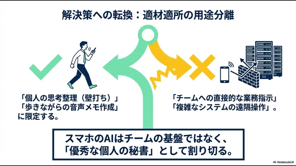 スマホAIは「個人の思考整理」に限定し、「チームへの直接指示」や「複雑な遠隔操作」には使用しないという切り分けの図解。