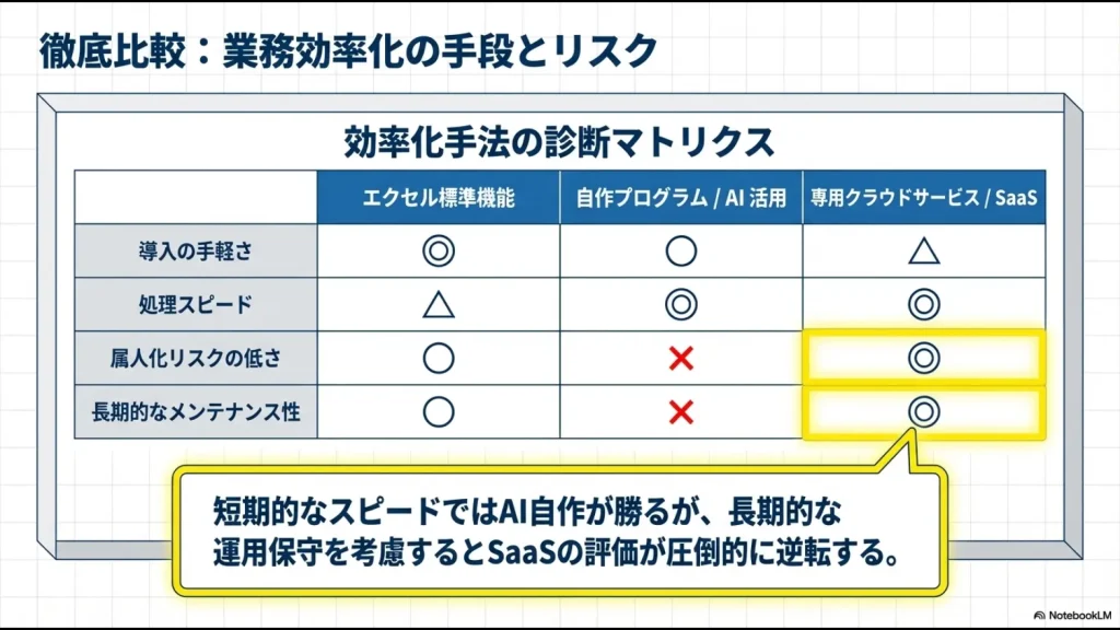 エクセル標準機能、AI自作、SaaSの3つを、手軽さ・スピード・属人化リスク・メンテナンス性の4項目で比較した表。