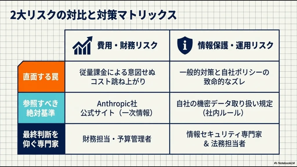 費用・財務リスクと情報保護・運用リスクの、罠・基準・専門家を比較した表