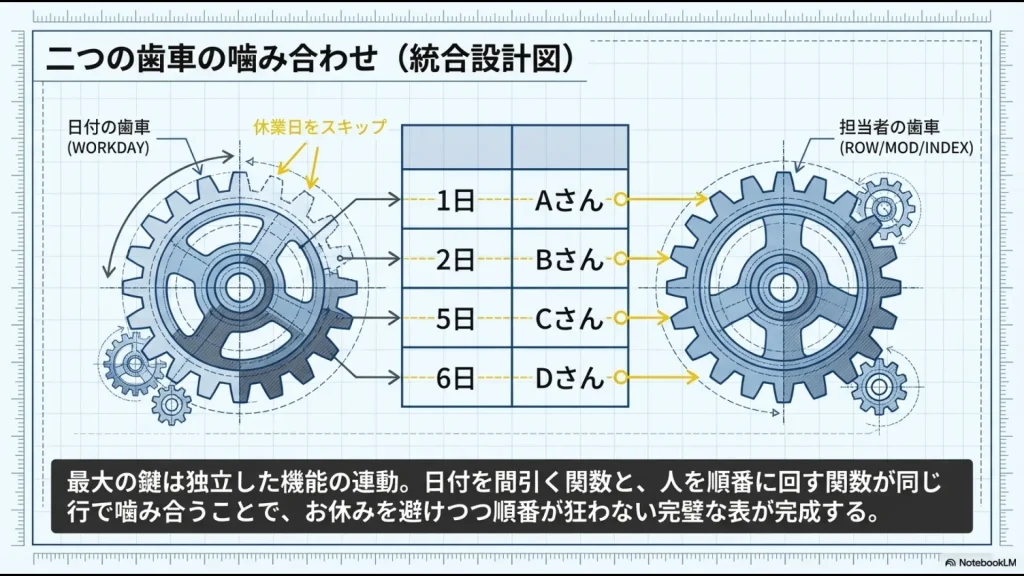 日付を間引くWORKDAY関数と人を回すROW/MOD/INDEX関数が同じ行で連動する統合設計図