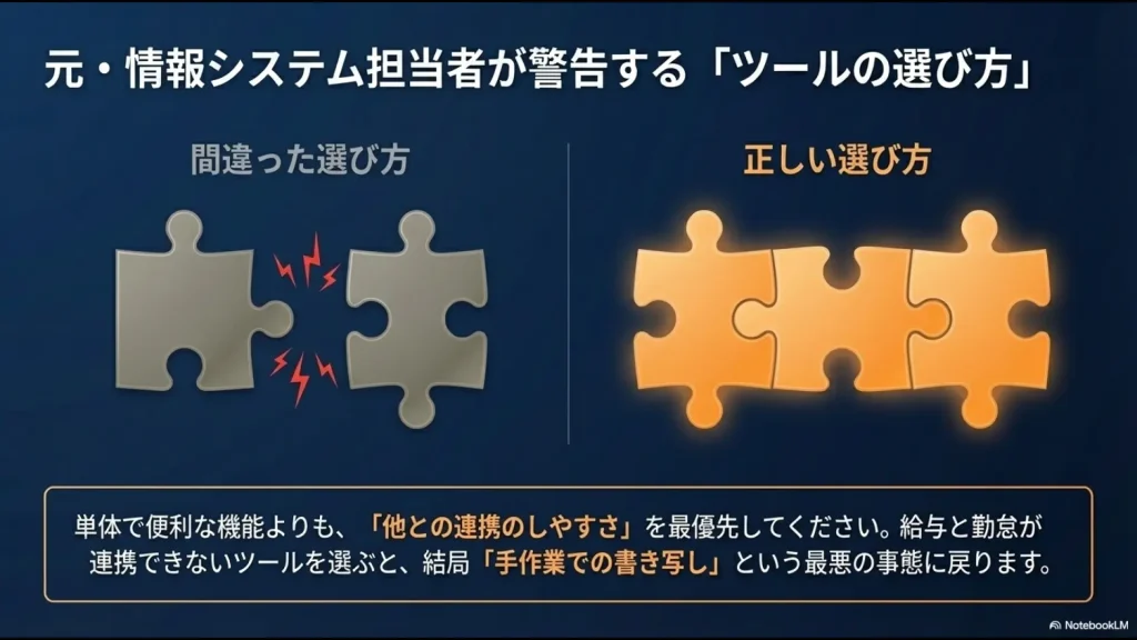 単体機能よりも他システムとの連携のしやすさを最優先すべきという、情シス視点でのツール選定の注意点