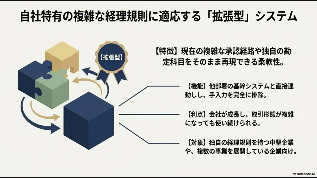 パズルのピースのイラストとともに、独自の勘定科目や承認経路を再現できる拡張型システムの説明。