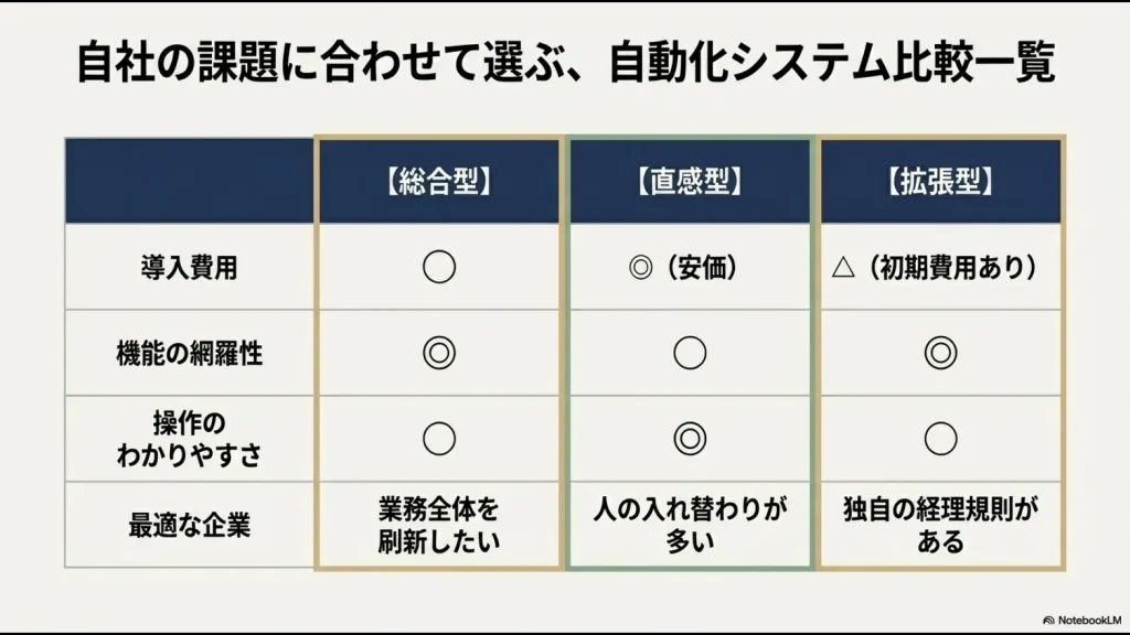 総合型・直感型・拡張型の3タイプを、導入費用、機能、操作性、最適な企業で比較した一覧表。
