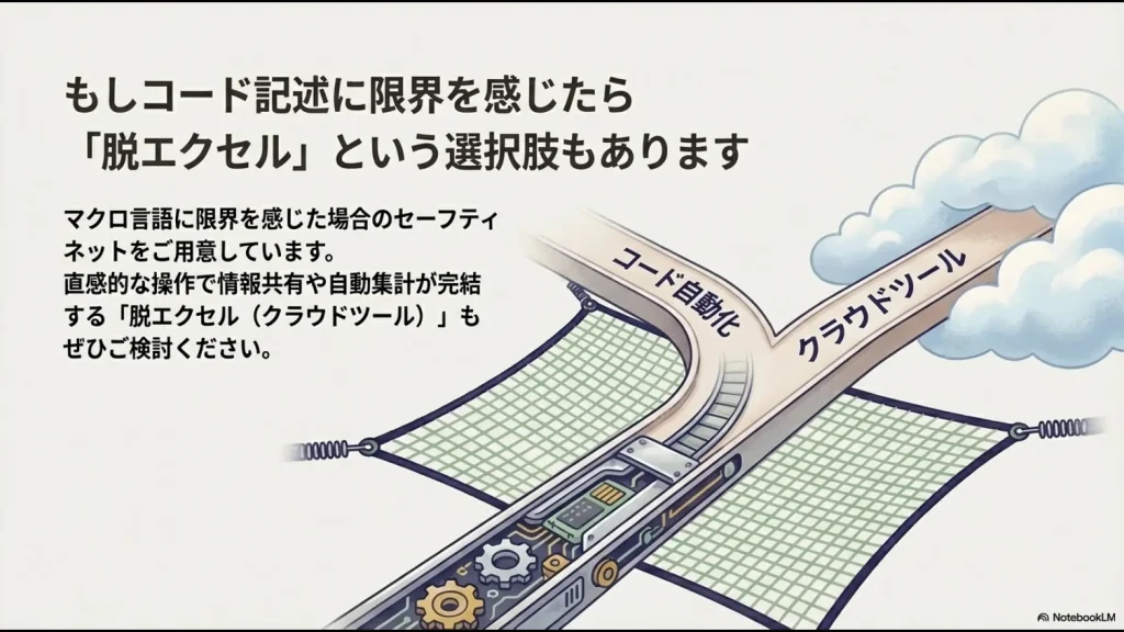 マクロ作成が難しい場合の選択肢として、直感的なクラウドツール（SaaS）への移行を提案するスライド