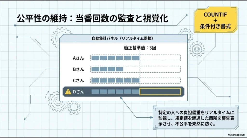 COUNTIF関数と条件付き書式を用いて特定の担当者への負担偏重を監視する自動集計パネルのイメージ