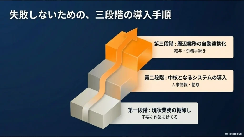 第一段階：現状業務の棚卸し、第二段階：中核システムの導入、第三段階：周辺業務の自動連携化という3つの導入手順