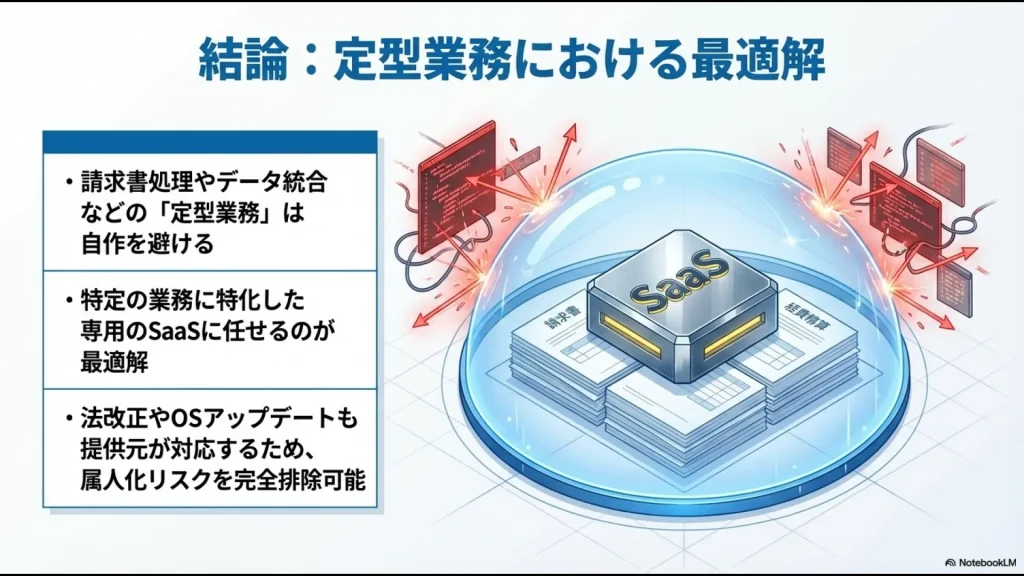 請求書処理やデータ統合などの定型業務をSaaSに任せることで、法改正対応や属人化リスク排除を実現するメリット。