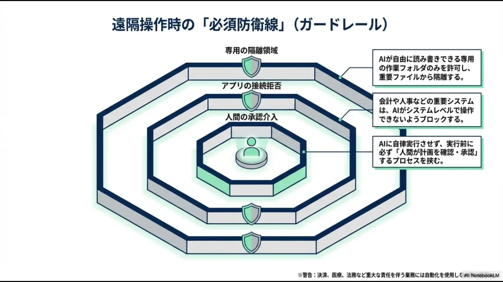 専用の隔離領域、アプリの接続拒否、人間の承認介入という3つのセキュリティガードレールを多重防御の図で示したスライド。