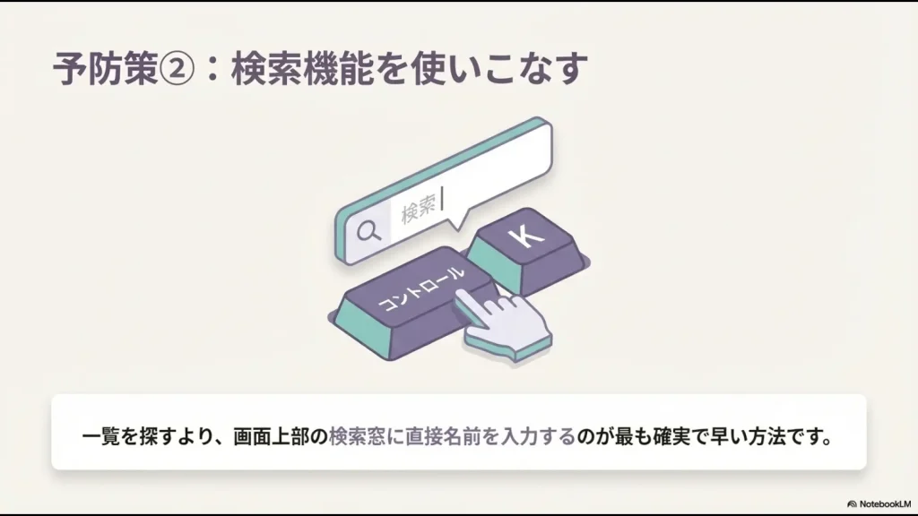 コントロールキーとKキー（Ctrl+K）で検索窓を呼び出し、相手を素早く探す方法のイラスト