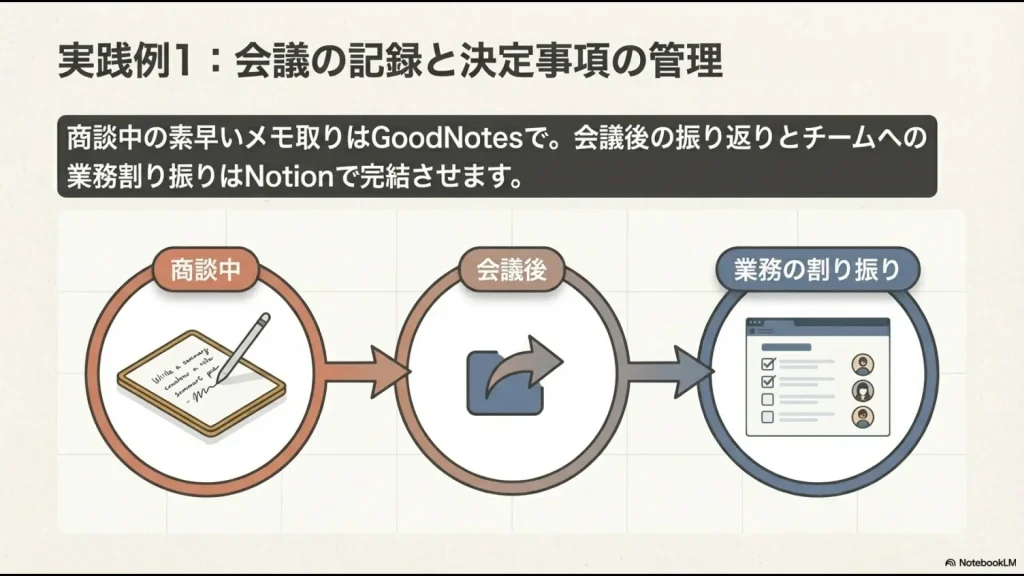 Notionページ上で手書きの背景情報を残しつつ、担当者や期限を明確にした管理表のイメージ 。