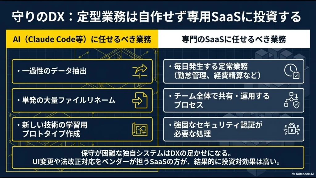一過性の抽出などはAIに、毎日発生する定常業務や強固なセキュリティが必要な処理は専用SaaSに任せるべきという比較。
