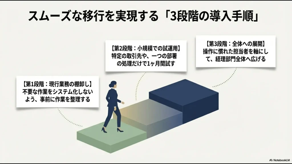 「業務の棚卸し」「小規模での試運用」「全体への展開」という失敗しないための導入手順を示した図解。