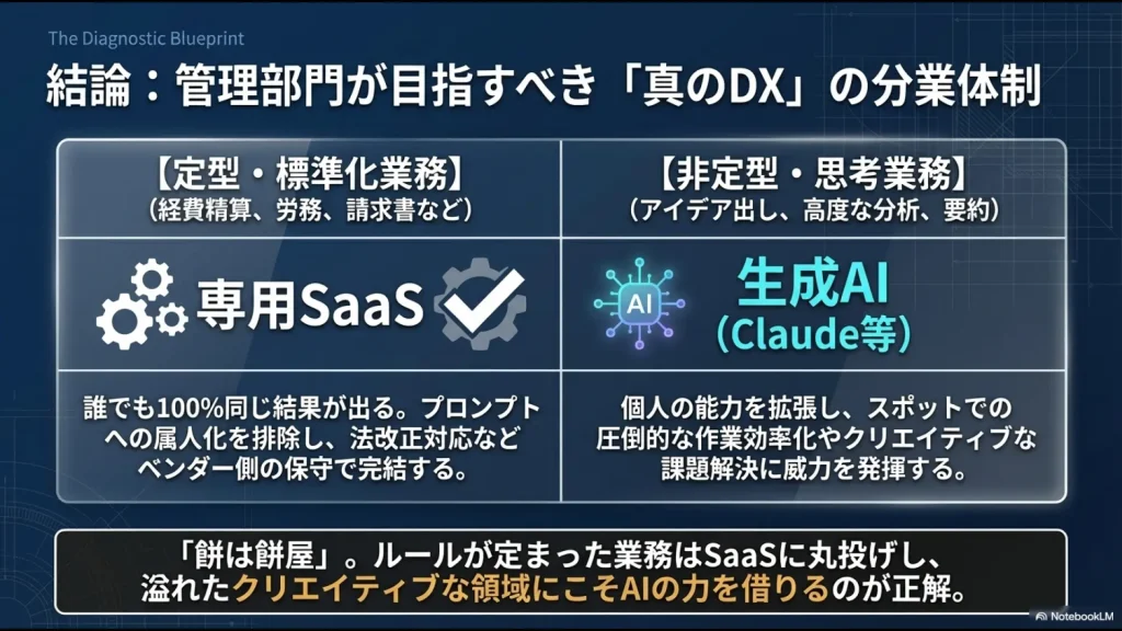 定型業務を専用SaaSで標準化し、非定型業務に生成AIを活用する管理部門の適材適所のツール選定図