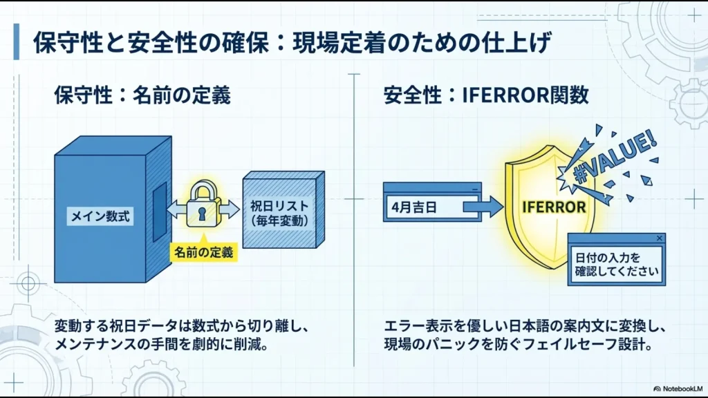 変動する祝日リストを分離する名前の定義と、エラー表示を案内文に変えるIFERROR関数の活用図